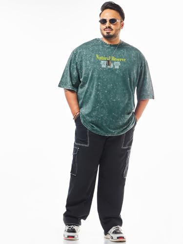 Bewakoof Men's Graphic Print Oversized Fit Half Sleeve Round Neck Pure Cotton Plus Size T-Shirt_694249_Green_4XL