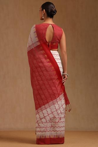 Soch Womens White Cotton Woven Design Saree