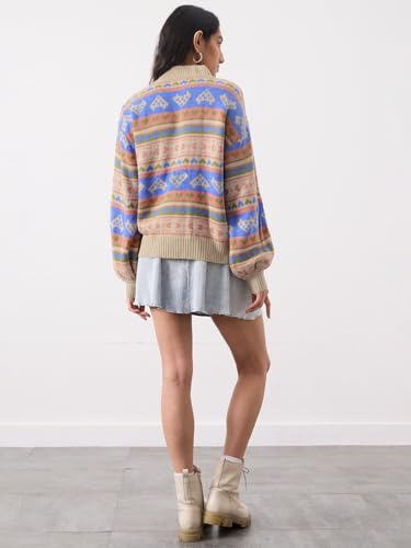 The Souled Store Knitted Sweater: Coral Clay Women and Girls Long Sleeves Mock Neck Geometric Printed Acrylic Oversized Fit Ribbed Hem Casual Winter Pullover Oversized Sweater