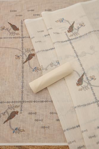 Soch Womens Cream Linen Blend Bird Motifs Unstitch Dress Material With Thread Work