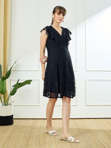 Latin Quarters Women's Black Cap Sleeves V-Neck Party Dress_M