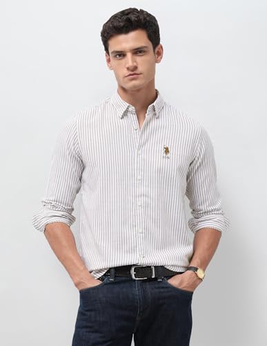 U.S. Polo Assn. Denim Co. Men's Vertical Striped Seersucker Shirt (UDSHT2232_Ochre_46)