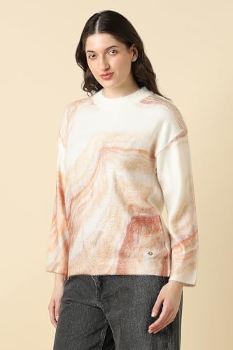 Women Beige Print Round Neck Casual Sweater