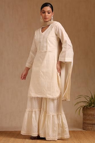 Soch Womens Off White Cotton Embroidered Suit Set With Faux Mirror And Sequins