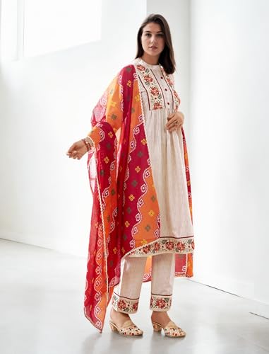 V4M Women's Cream Cotton Blend Floral Embroidered Anarkali Kurti & Plazzo Pant With Dupatta