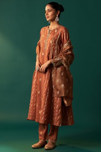 Wishful Women's Copper Brown Metallic Embroidered Flared Chanderi Kurta with Straight Pant and Dupatta Set (SP12566-314269-S)