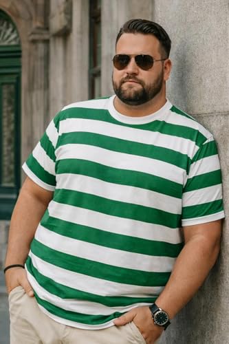 Veirdo Men’s Plus Size Oversized T-Shirt in Cotton Fabric, Comfortable Casual Wear with Relaxed Fit for Big & Tall Men, (Sizes 3XL to 5XL) (PS_VD_GRN_STRP_5XL)