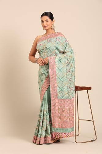 MOHEY Women's Art Silk Thread Work|Stone Work|Zari Saree (Sea Green)