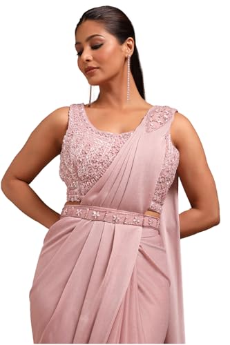 Soch Womens Blush Pink Nylon Blend Solid Ready To Wear Saree With Sequins