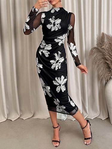 FASHION YARI Women's Summer Mesh Sheer Long Sleeve Midi Ruched Bodycon Dress Mock Neck Elegant Evening Party Cocktail Dresses Black