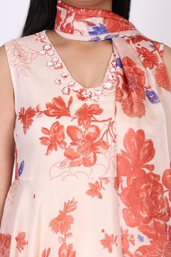 W for Woman Peach Floral Printed Chanderi Flared Kurta with Straight Pant and Dupatta Set (WS12803-125939-XL)