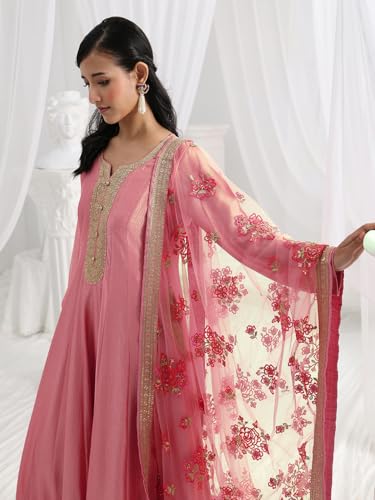 Libas Embroidered Silk Blend A Line Ethnic Dress with Dupatta | Occasion Gown Pink