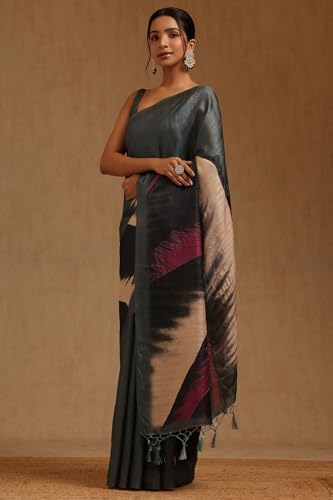 Soch Womens Grey Tussar Hand Embroidered Tropical Saree