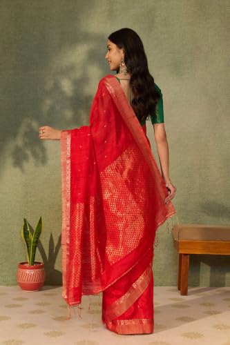 Red Pure Silk Cutwork Bengal SareeWith Unstitched Blouse( SHG08H00444-Red)