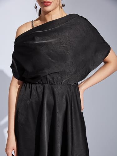 Latin Quarters Women Black One Shoulder Half Sleeves Solid Fit & Flare Dress