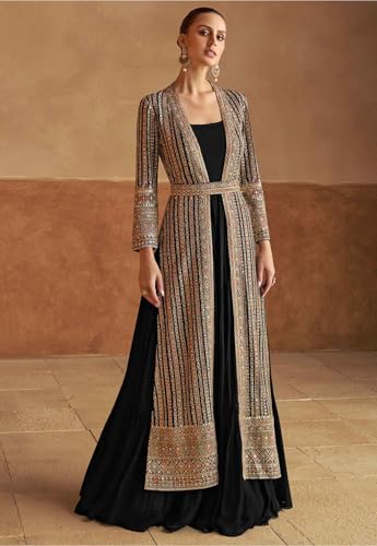 Miss Ethnik Women's Black Faux Georgette Full Sleeve Embroidered Gown With Jacket And Belt (ME-1259-Black-L)