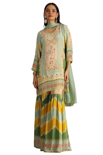 Soch Womens Powder Blue Crepe Floral Print Suit Set With Mirror Work