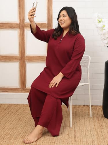 LAS By Ananya Maroon Solid Night Wear (A-Line Top & Bottom, Full Sleeve) (3XL)