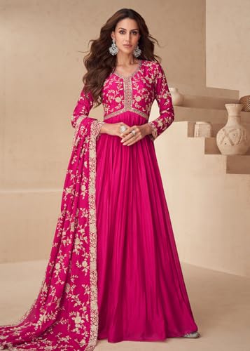 Miss Ethnik Women's Pink Chinon Stitched Gown With Dupatta Full Sleeve Embroidered Anarkali Gown (ME-1244-Pink-L)
