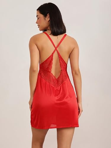 Clovia Women's Satin Solid Short Night Dress & Robe (NS1054P04_Red_S)
