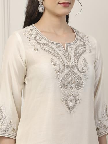 BIBA Women White Silk Chanderi Straight Suit Set_42