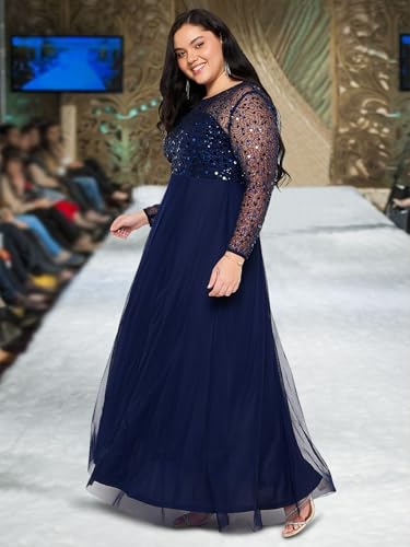 wild U Women Plus Size Gown Dress | Embellished | Sequinned | Non Itch Finish | Sleeves | Cocktail (Navy Blue, Size: 3XL)