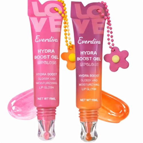 Fruit Flavoured Tinted Lip Gloss | Natural Lip Gloss with Jojoba Oil, Beeswax & Hyaluronic Acid | Non-Sticky Hydrating Gloss Duo with Soft Silicone Applicator (Rosé Kiss & Peach Nectar)
