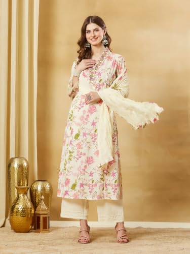 Divena White Cotton Floral Kurta Sets With Dupatta
