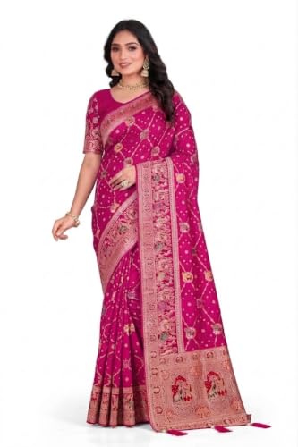 BHARTI COLLECTIONS Premium Women's Banarasi Style Art Silk Saree with Rich Zari Woven Border & Designer Pallu, Traditional Wedding, Bridal, Reception, Festive Party with Blouse Piece (Pink)