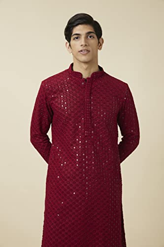 Manyavar Mens Maroon Viscose Embroidered Kurtas