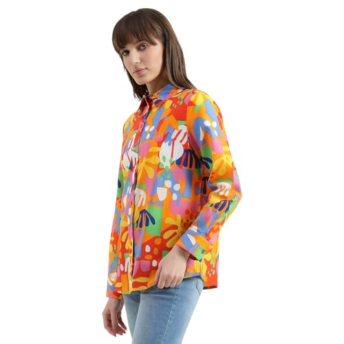 United Colors of Benetton Regular Fit Spread Collar Printed Shirt (Size : M) - 26P5OA95Q8U5G901 Orange