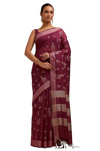 Soch Womens Wine Chanderi Warli Saree With Thread Work