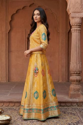 Aurelia Women's Mustard Ethnic Motifs Zari Jacquard Straight Top with Skirt and Dupatta Set - (AD10748-706117-M)