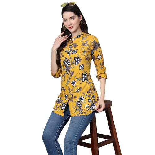 Divena Cotton Floral Print Shirt Style Top (Yellow_L)