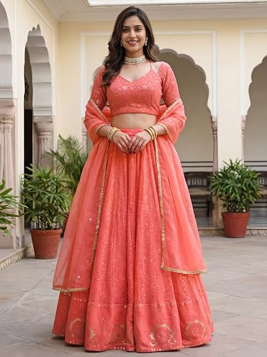 Zeel Clothing Women's Sequins Thread Embroidered Georgette Lehenga Choli With Dupatta (7083-Peach-Women-New-Lehenga-Choli; Free size) (Peach)