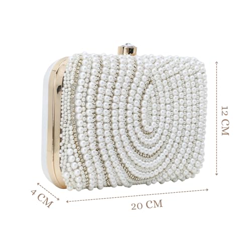 Anekaant Adorn White & Gold Pearl Embellished Faux Silk Clutch for Women | Bridal Bag | Party, Wedding & Festive Accessory