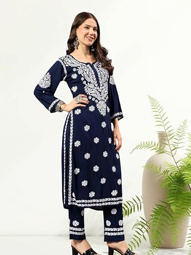 Seva Chikan Hand Embroidered Lucknowi Chikankari Navy Blue Rayon Kurta & Palazzo Set for Women (8108_Navy Blue_XS)