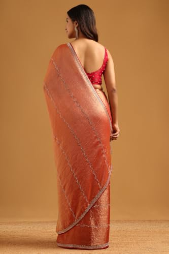 Soch Womens Peach Fendy Organza Stone Work Embellished Saree