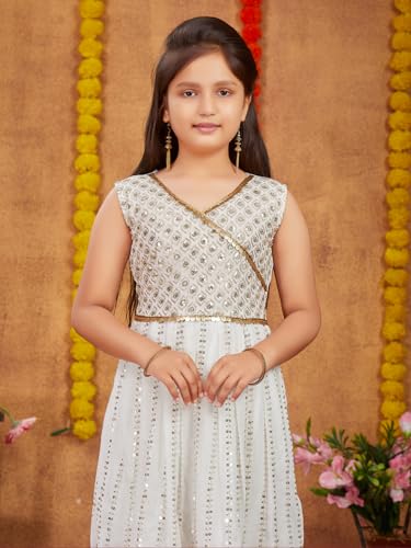 Aarika Girls Ethnic Wear Off White Colour Sequins Zari Embroidery Georgette Kurti Sharara Set (6-16 Years)