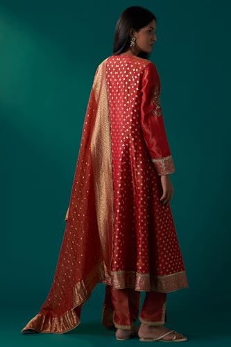 Wishful Women's Red Embroidered Tissue Jacquard Angarkha Kurta with Pant and Dupatta Set (SP12835-314436-2XL)