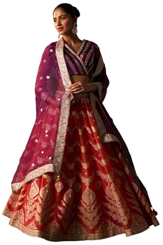 Wishful Women's Purple Zari Embroidered Jacquard Blouse with Flared Skirt and Dupatta Set (SP12839-314426-XL)