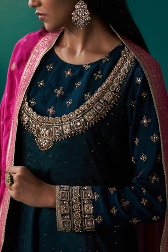 Wishful Women's Teal Green Heavy Embroidered Sequined Anarkali Kurta with Straight Pant and Dupatta Set (SP12842-401056-S)