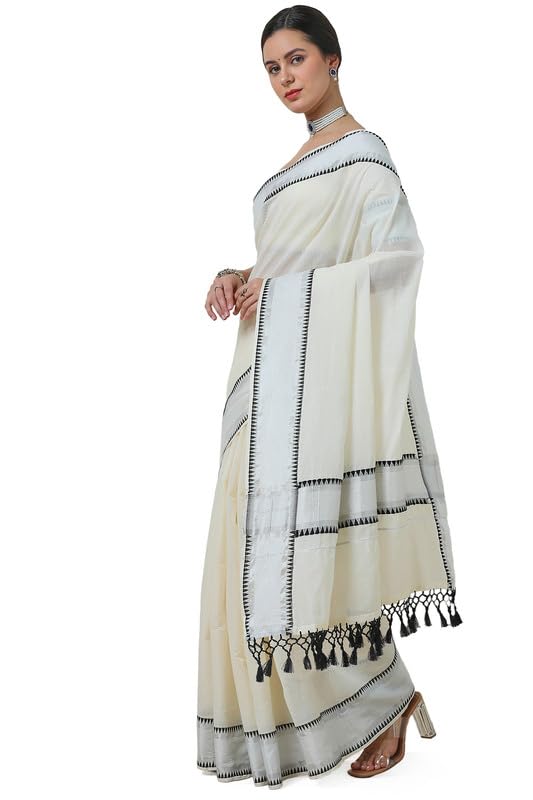 Soch Womens Cream Cotton Blend Woven Design Kasavu Saree With Tassels