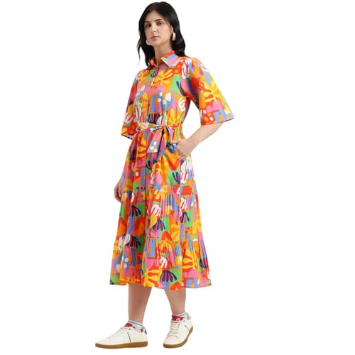 United Colors of Benetton Regular Fit Spread Collar Printed Dress (Size : 2XL) - 26P4WVDRL164I901 Multicolour