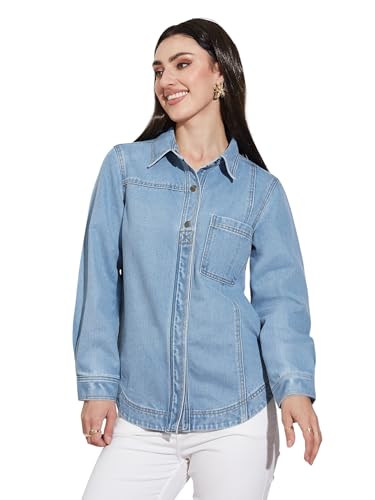 Miss Chase Women’s Denim Shirt – Full Sleeves, Relaxed Fit, Collared,(MCSS25DEN74-42-158-03, Light Blue, S)