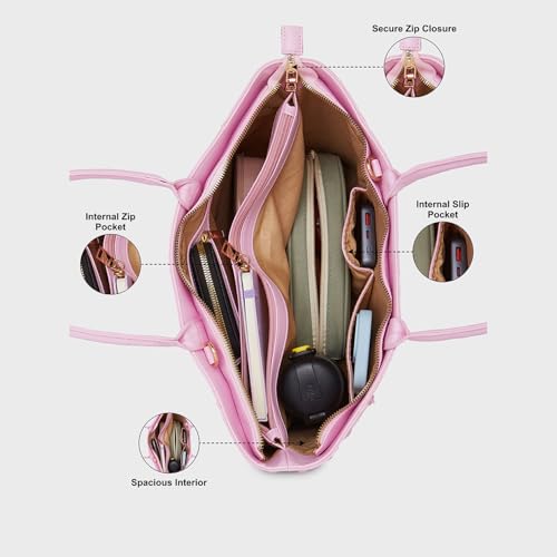 Caprese Midge Medium Tote Bag for Women | Stylish Faux Leather Shoulder Bag with Multi-Compartment, Adjustable & Detachable Strap | Fits Up to 16-Inch Laptop | Ideal for Work, Travel, Shopping (Pink)