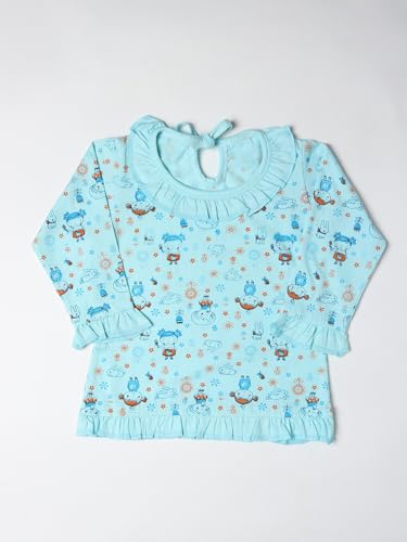 PARILUX Baby Girls’ -Piece Cotton Nightwear Set – Soft Long Sleeve Top with Ruffle & Cartoon Print + Pajama Bottoms | Lightweight, Breathable Sleepwear for Infants & Toddlers Blue