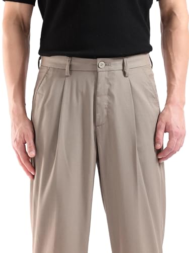 RARE RABBIT Men's Windsor Dark Beige Cotton Plain Relaxed Fit Trouser