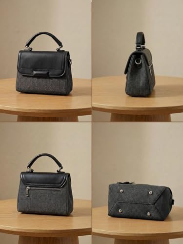 ZEFIYO Mini Top Handle Satchel Bag for Women, Handbag, Textured with Bow Scarf Accent, Floral Charm Crossbody Strap, Gift for Women (Black)