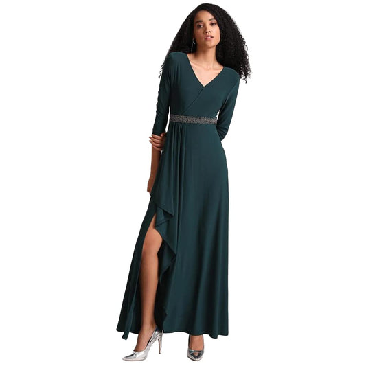 Kazo Embellished Polyester Blend Round Neck Women's Maxi Dress (Green,Small)